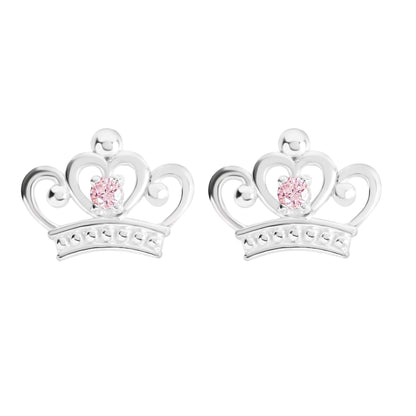 Disney 925 Sterling Silver Princess Crown Tiara Pink Stone Set Stud Earrings for Girls