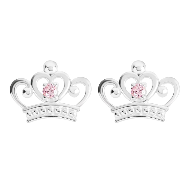 Disney 925 Sterling Silver Princess Crown Tiara Pink Stone Set Stud Earrings for Girls