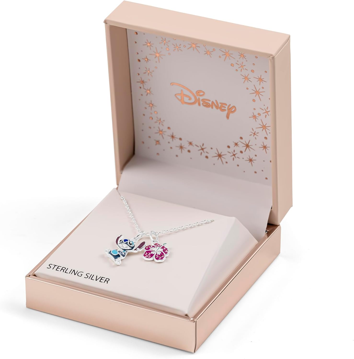 Disney 925 Sterling Silver Lilo and Stitch Ohana Charm Pendant Necklace for Girls