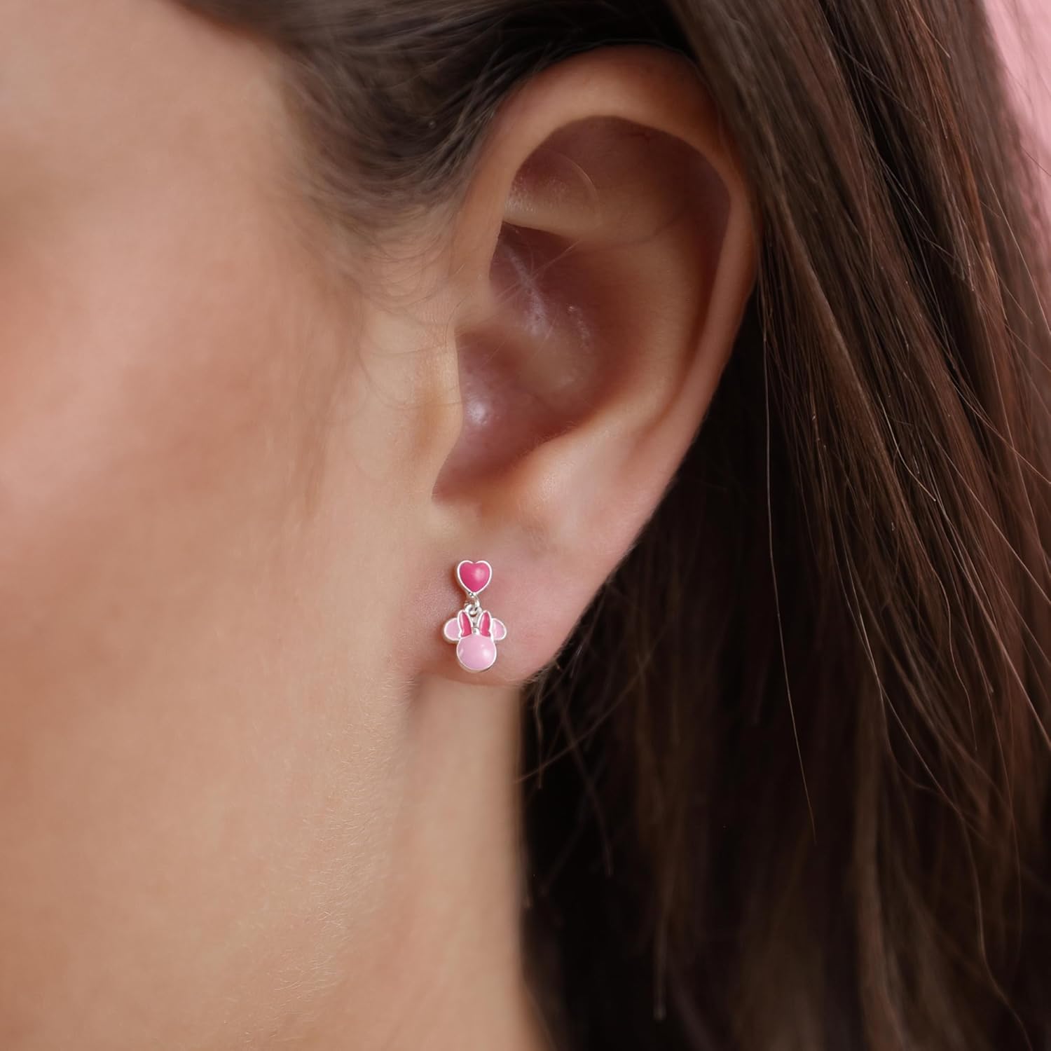 925 Sterlling Silver Minnie Mouse Pink Enamel Love Heart Drop Earrings