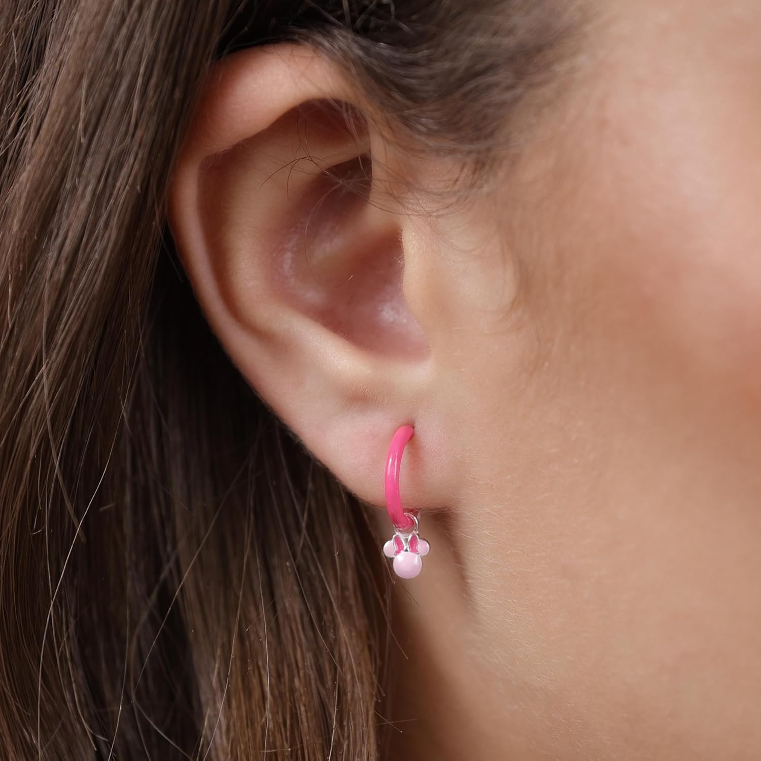 Sterling Silver 925 Minnie Mouse Pink Enamel Huggie Earrings