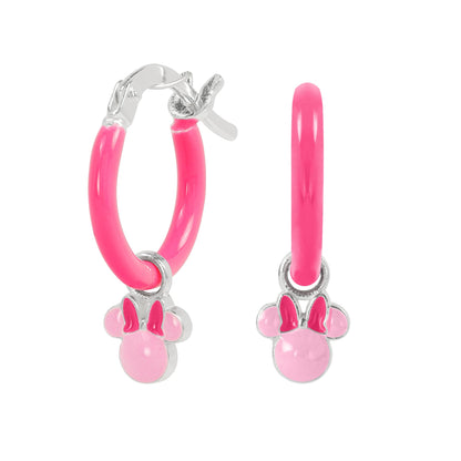 Sterling Silver 925 Minnie Mouse Pink Enamel Huggie Earrings