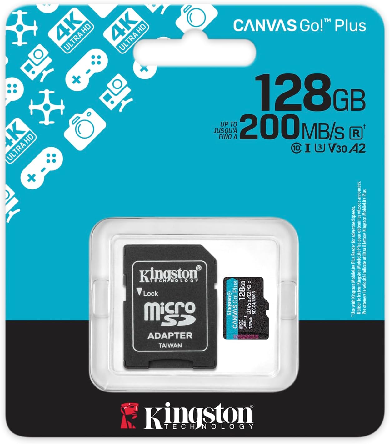 Kingston Canvas Go Plus microSDXC Memory Card Gen4 200MB/s A2 U3 V30 128GB Card + Adapter-SDCG4/