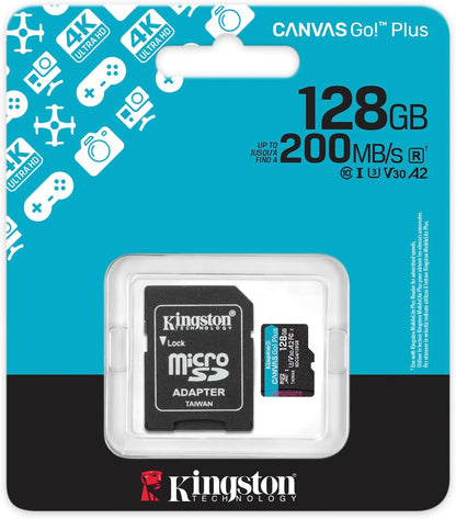 Kingston Canvas Go Plus microSDXC Memory Card Gen4 200MB/s A2 U3 V30 128GB Card + Adapter-SDCG4/