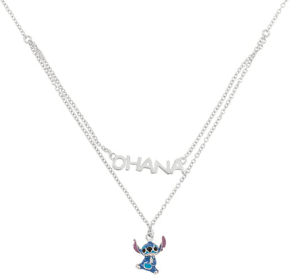 Disney Lilo and Stitch Sterling Silver Double Chain Ohana Pendant Necklace
