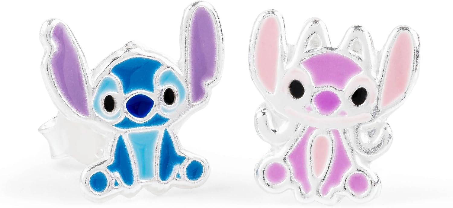 Disney Lilo & Stitch Sterling Silver Enamel Stamp Stud Earrings Blue & Pink