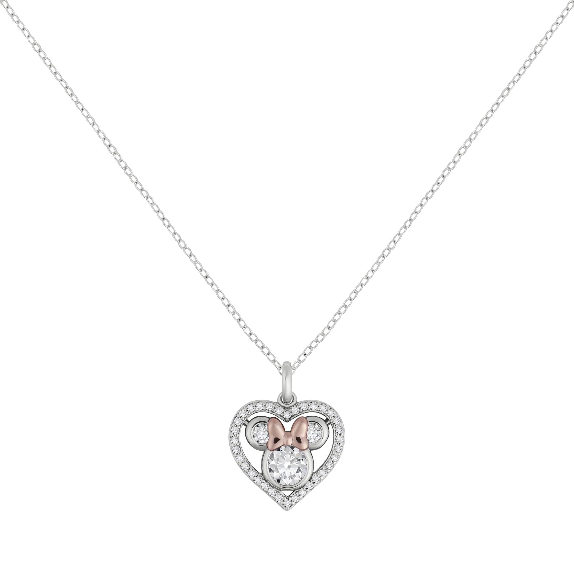 Disney Womens Sterling Silver Stone Set Minnie Mouse Heart Pendant Necklace