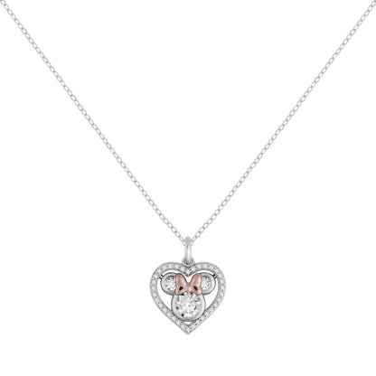 Disney Womens Sterling Silver Stone Set Minnie Mouse Heart Pendant Necklace