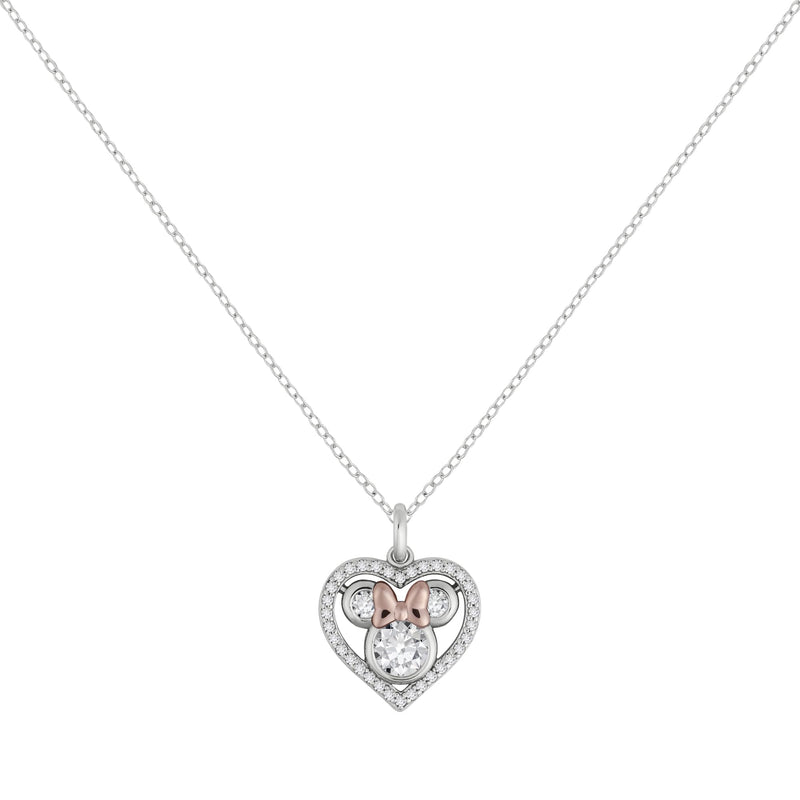 Disney Womens Sterling Silver Stone Set Minnie Mouse Heart Pendant Necklace