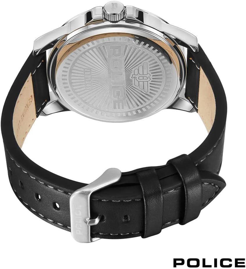 Police Cliff Stainless Steel Black Leather Strap Watch