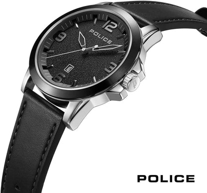 Police Cliff Stainless Steel Black Leather Strap Watch
