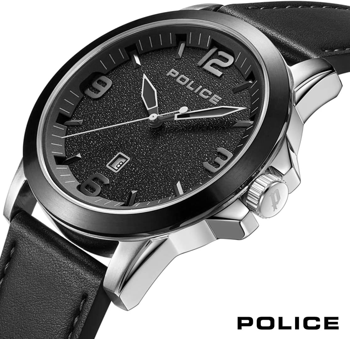 Police Cliff Stainless Steel Black Leather Strap Watch