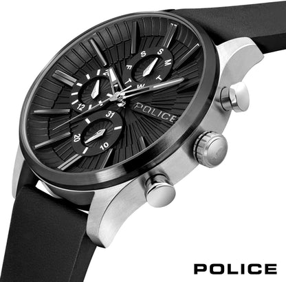 Police Barter SS Multi Dial Black Leather Strap Watch