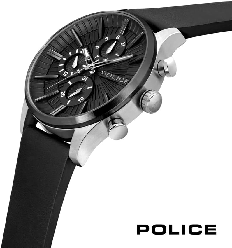 Police Barter SS Multi Dial Black Leather Strap Watch