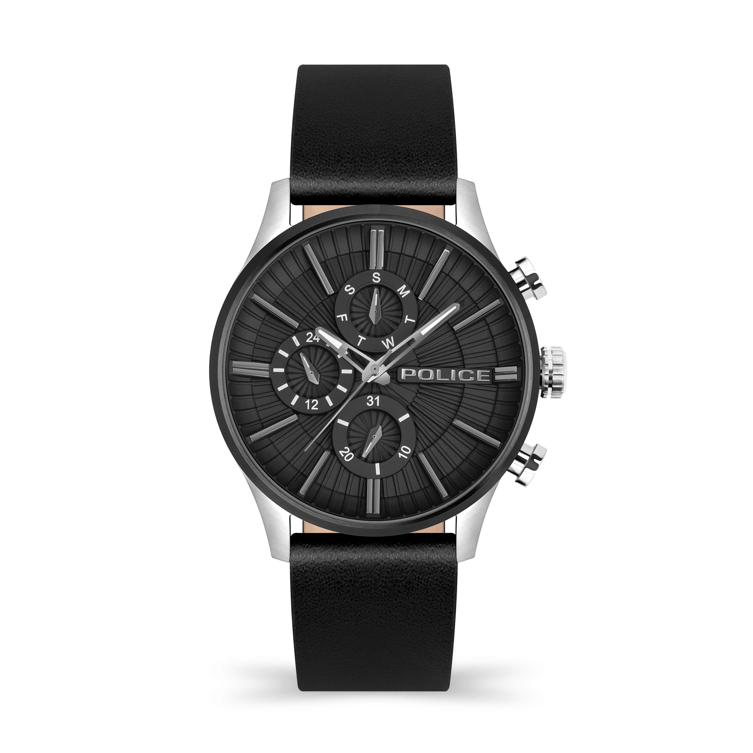 Police Barter SS Multi Dial Black Leather Strap Watch
