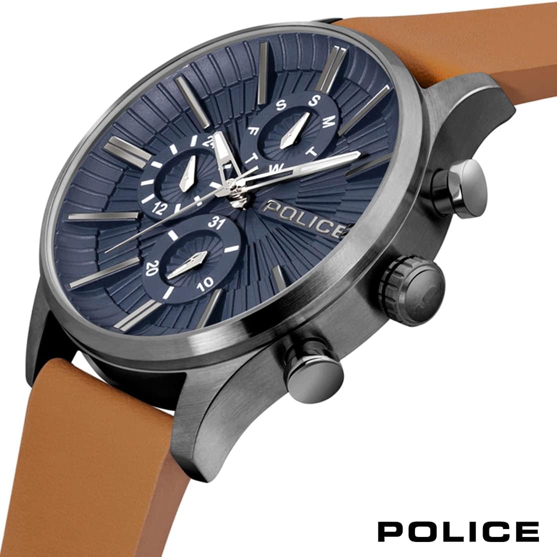 Police Barter Gun Multi Dial Tan Leather Strap Watch