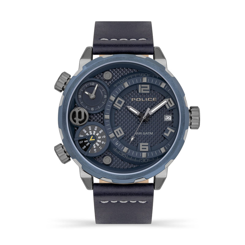 Police Ray Gun Multi Dial Blue Leather Strap Watch