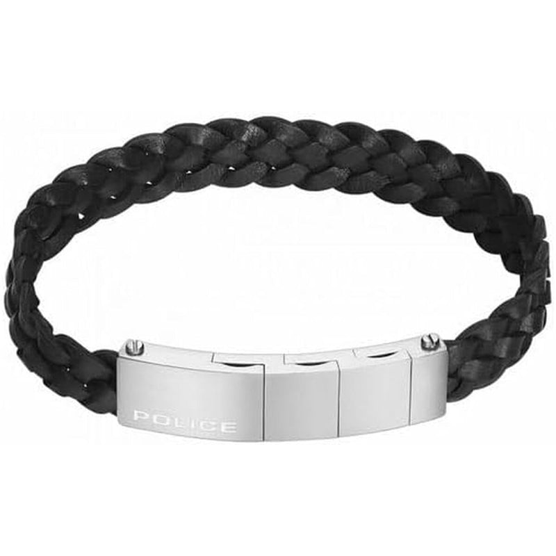 Police Indy Ii Brushed Ss Black Leather Bracelet