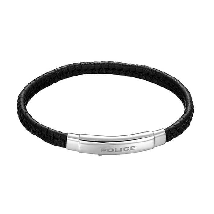 Police Pulseira Indy II Stainless Steel & Black Leather Bracelet for Men 18.5cm PEAGB0009503