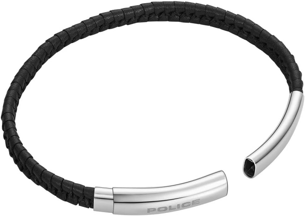 Police Pulseira Indy II Stainless Steel & Black Leather Bracelet for Men 18.5cm PEAGB0009503