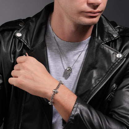 Police Men's Stainless Steel Vertex 3D Skull Chain Pendant Necklace, silver
