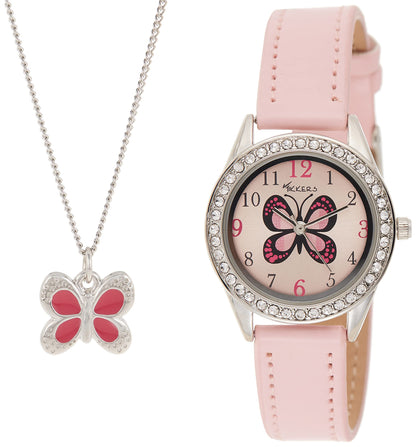 Tikkers Girls Pink PU Strap Butterfly Dial Watch AKG-008
