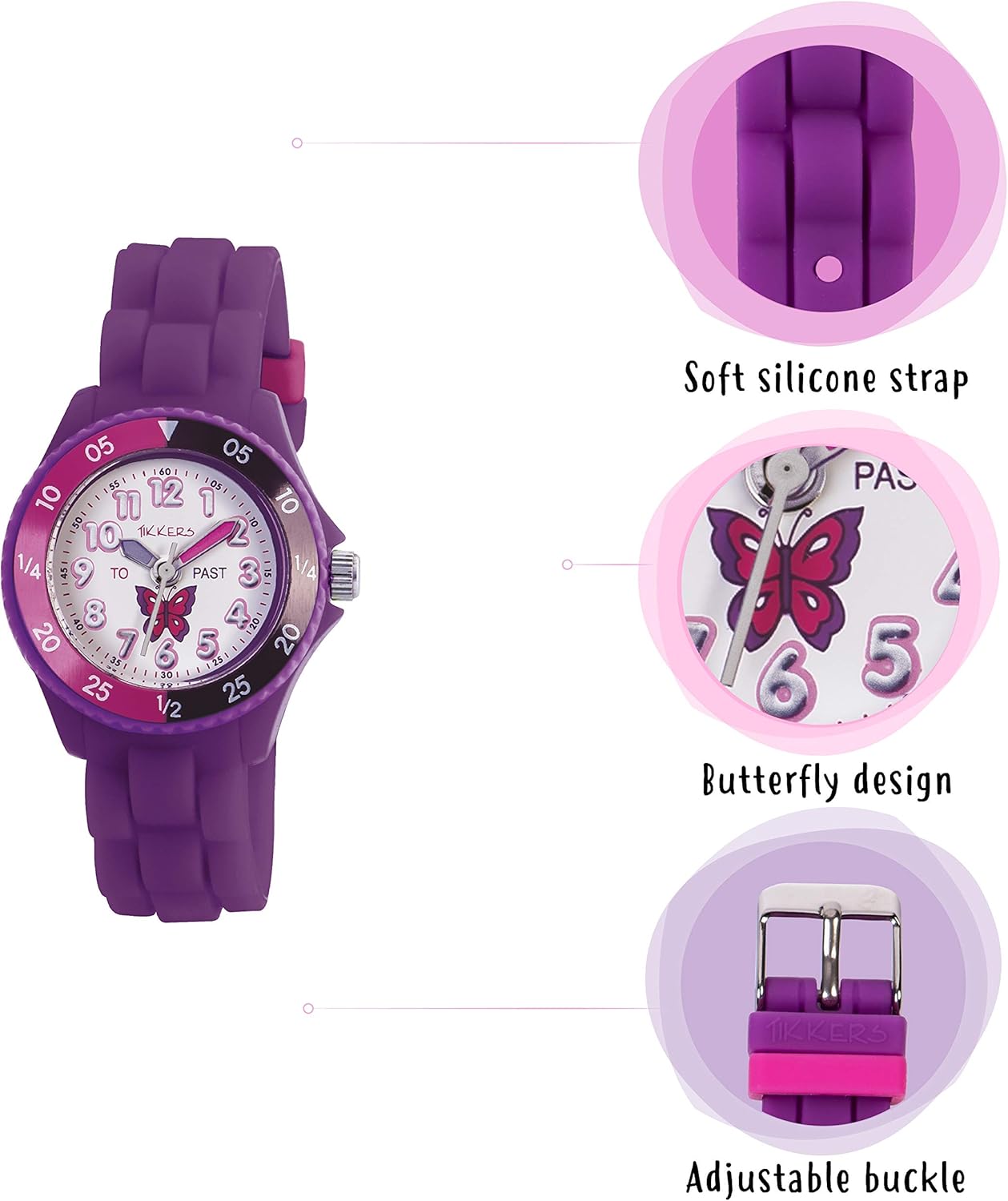 Tikkers Girls Purple Silicone Strap Butterfly Time Teacher Watch TK0041
