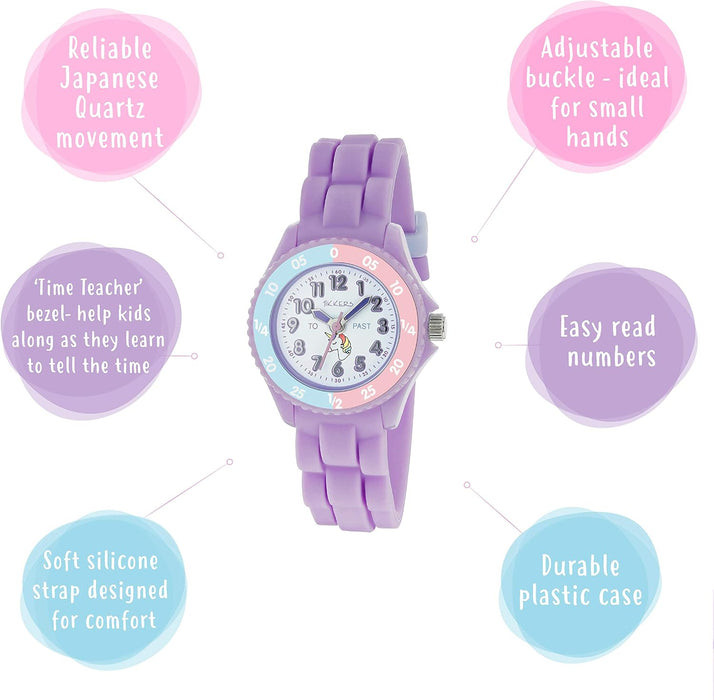 Tikkers Girls Purple Silicone Strap Unicorn Dial Time Teacher Watch TK0147