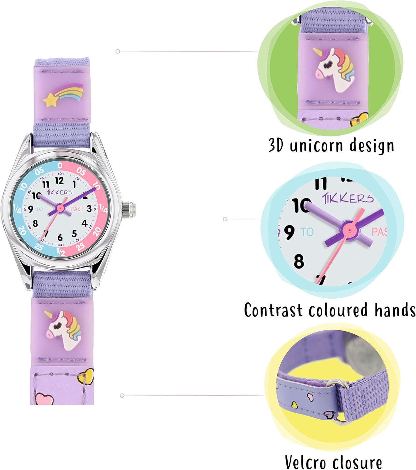 Tikkers Girls Purple Fabric Rip Strap Unicorn Watch TK0148