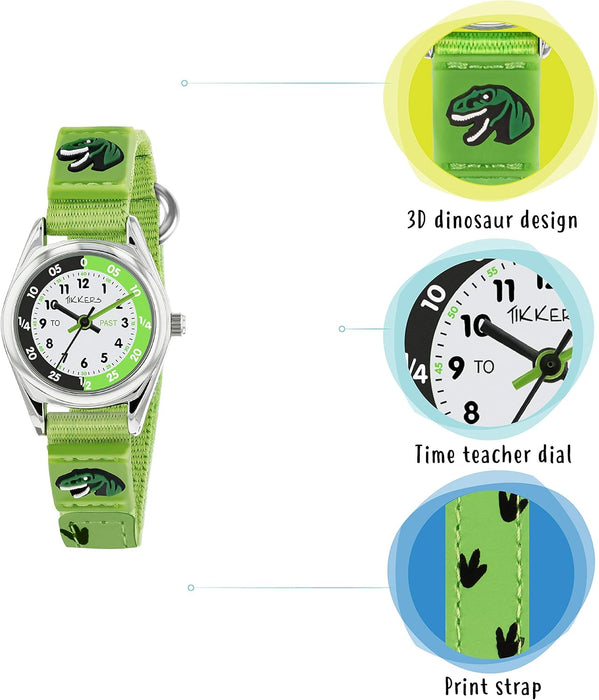 Tikkers Boys Green Fabric Rip Strap Dinosaur Time Teacher Watch TK0149