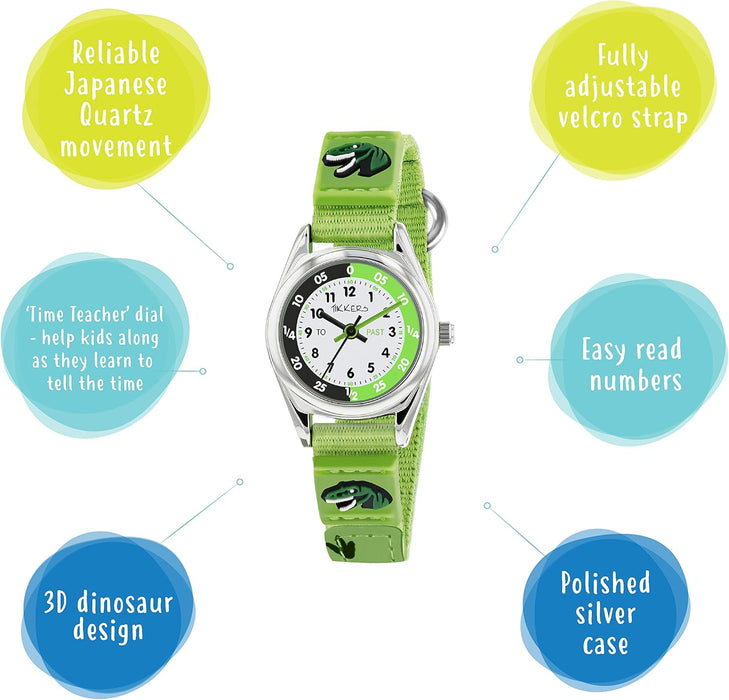 Tikkers Boys Green Fabric Rip Strap Dinosaur Time Teacher Watch TK0149