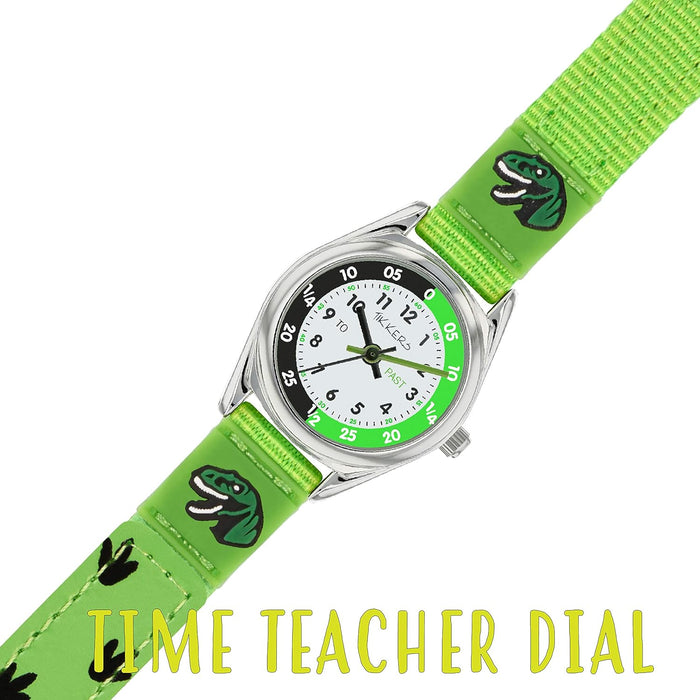 Tikkers Boys Green Fabric Rip Strap Dinosaur Time Teacher Watch TK0149
