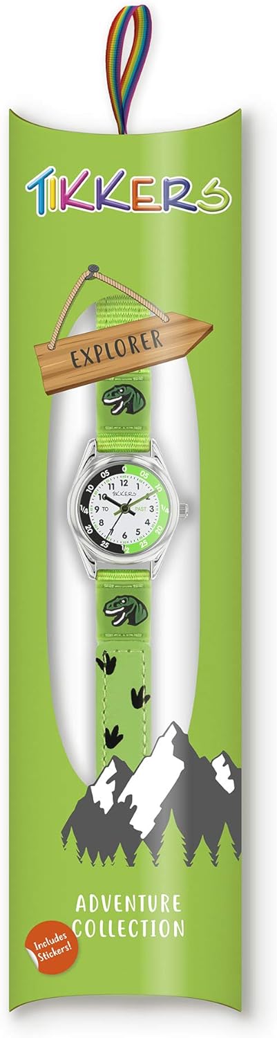 Tikkers Boys Green Fabric Rip Strap Dinosaur Time Teacher Watch TK0149
