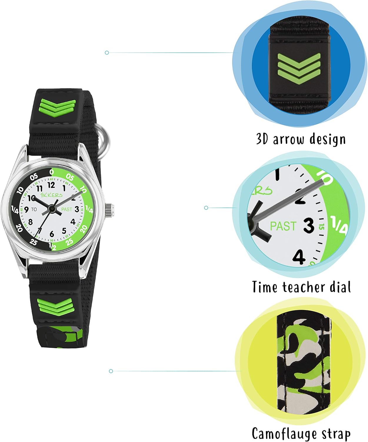 Tikkers Boys Black Fabric Rip Strap Camo Time Teacher Watch TK0155
