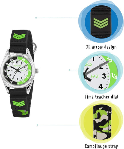 Tikkers Boys Black Fabric Rip Strap Camo Time Teacher Watch TK0155