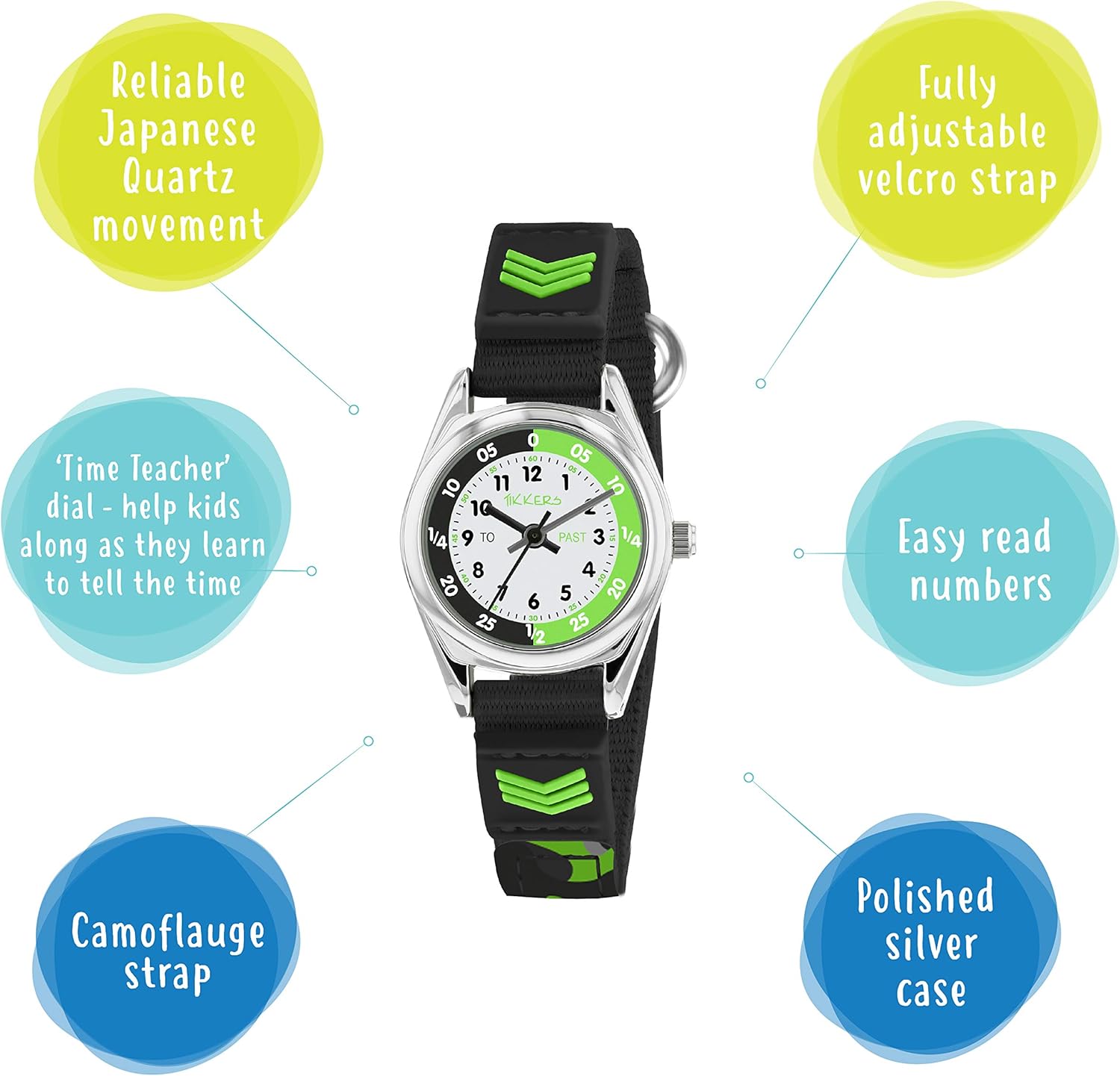 Tikkers Boys Black Fabric Rip Strap Camo Time Teacher Watch TK0155