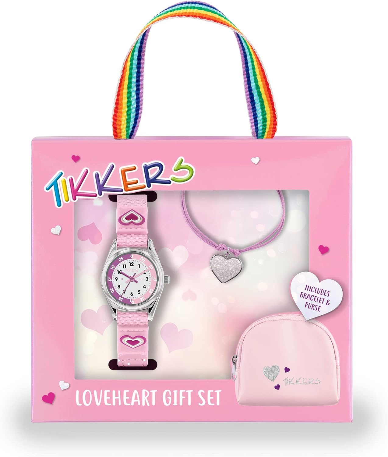 Tikkers Girls Pink Canvas Rip Strap Heart watch, purse and bracelet set ATK1031