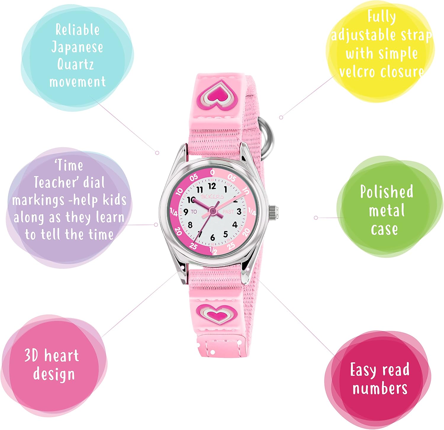 Tikkers Girls Pink Canvas Rip Strap Heart watch, purse and bracelet set ATK1031