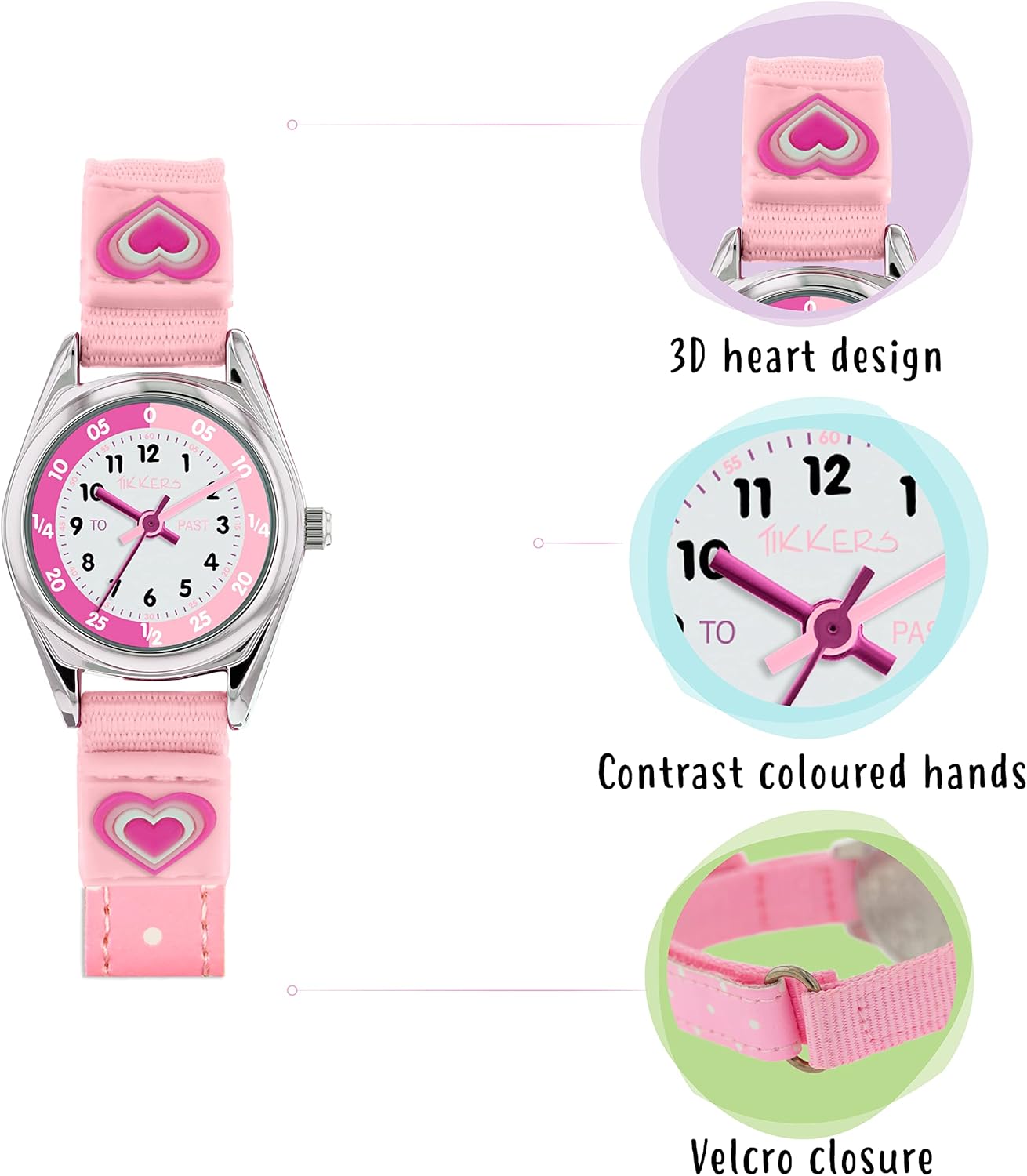 Tikkers Girls Pink Canvas Rip Strap Heart watch, purse and bracelet set ATK1031