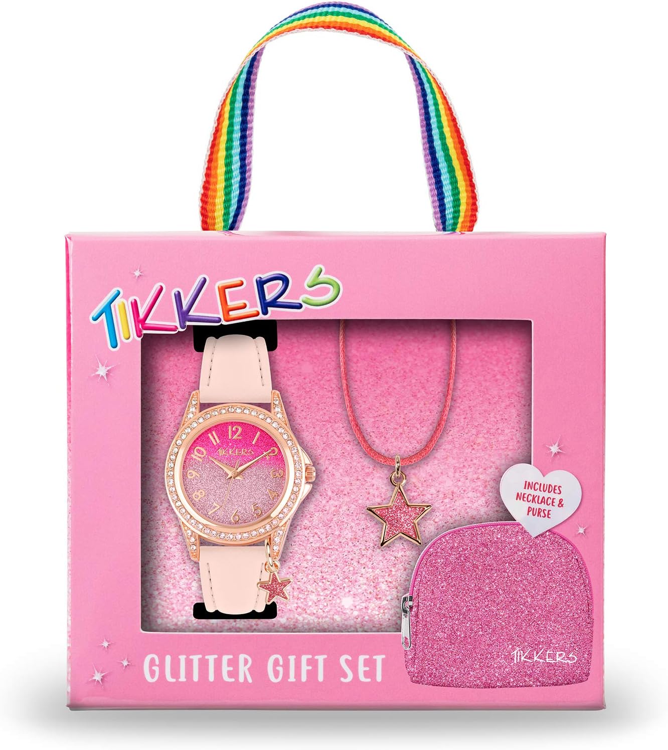 Tikkers Girls PU Strap Pink Glitter Watch, necklace and purse set ATK1062