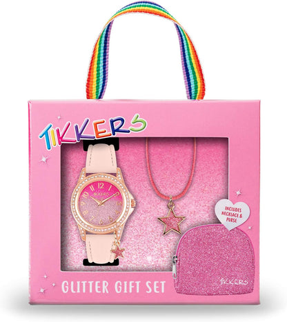 Tikkers Girls PU Strap Pink Glitter Watch, necklace and purse set ATK1062