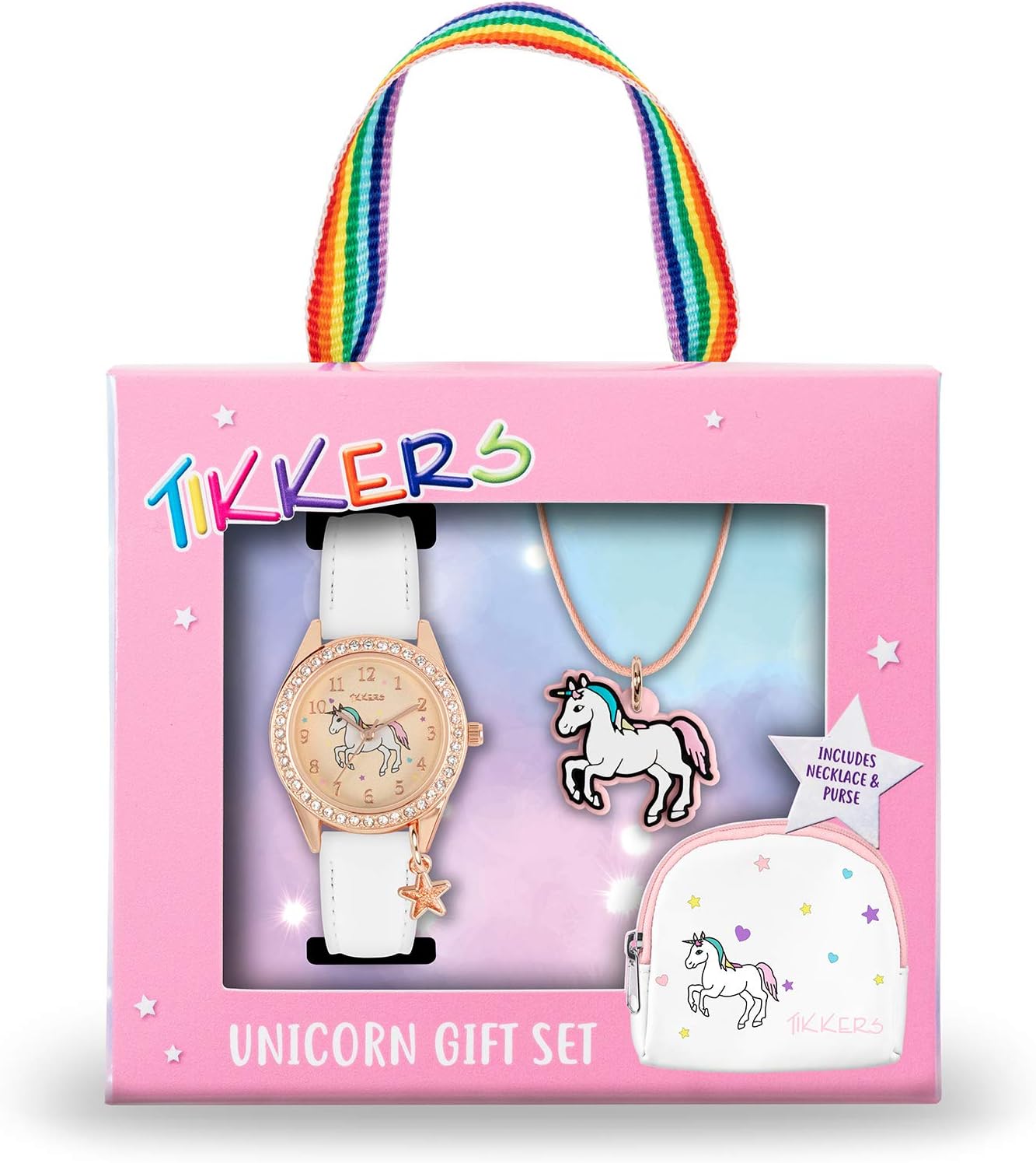 Tikkers Girls White PU Strap Unicorn Watch, necklace and purse set ATK1063
