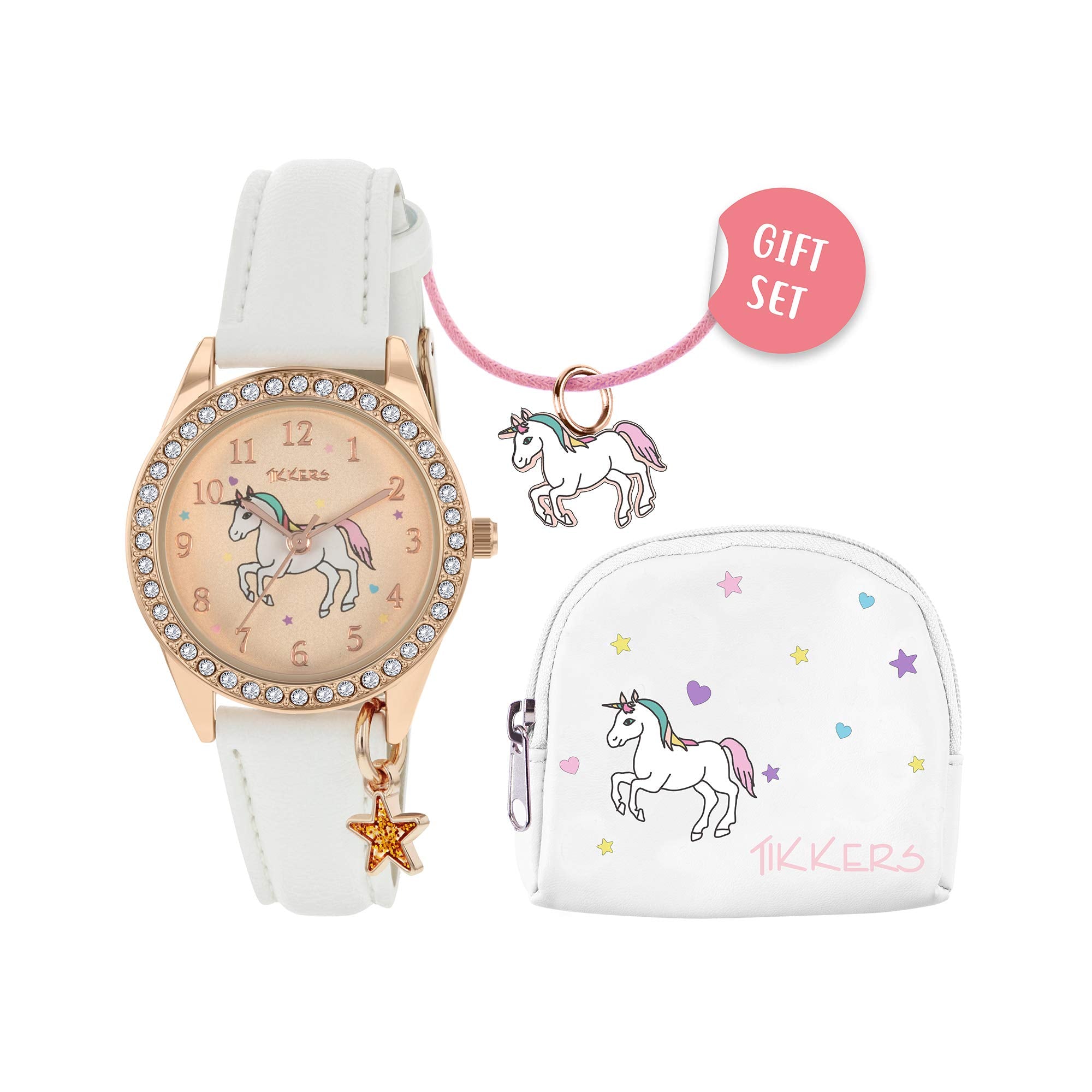 Tikkers Girls White PU Strap Unicorn Watch, necklace and purse set ATK1063