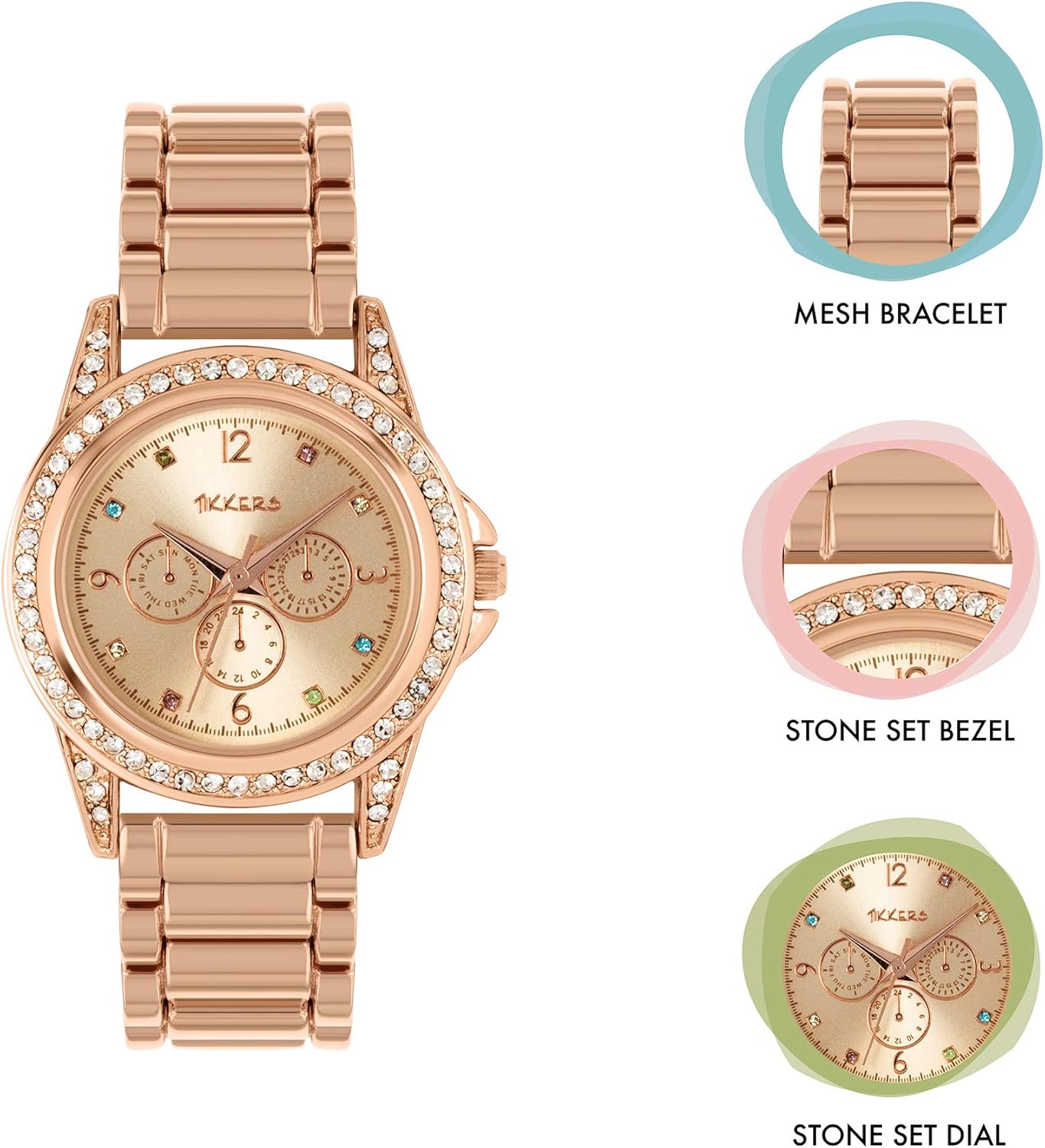 Tikkers Girls Rose Gold Metal Bracelet Multicoloured stone dial Watch ATK1053