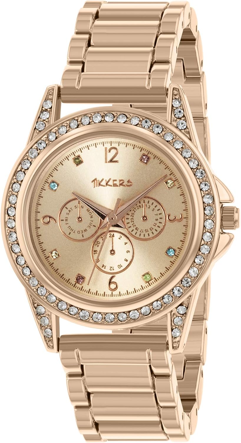 Tikkers Girls Rose Gold Metal Bracelet Multicoloured stone dial Watch ATK1053