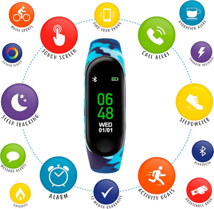 Tikkers Series 1 Printed Camo Blue Silicone Strap Activity tracker with colour touch screen and up to 7 day battery life TKS01-0003