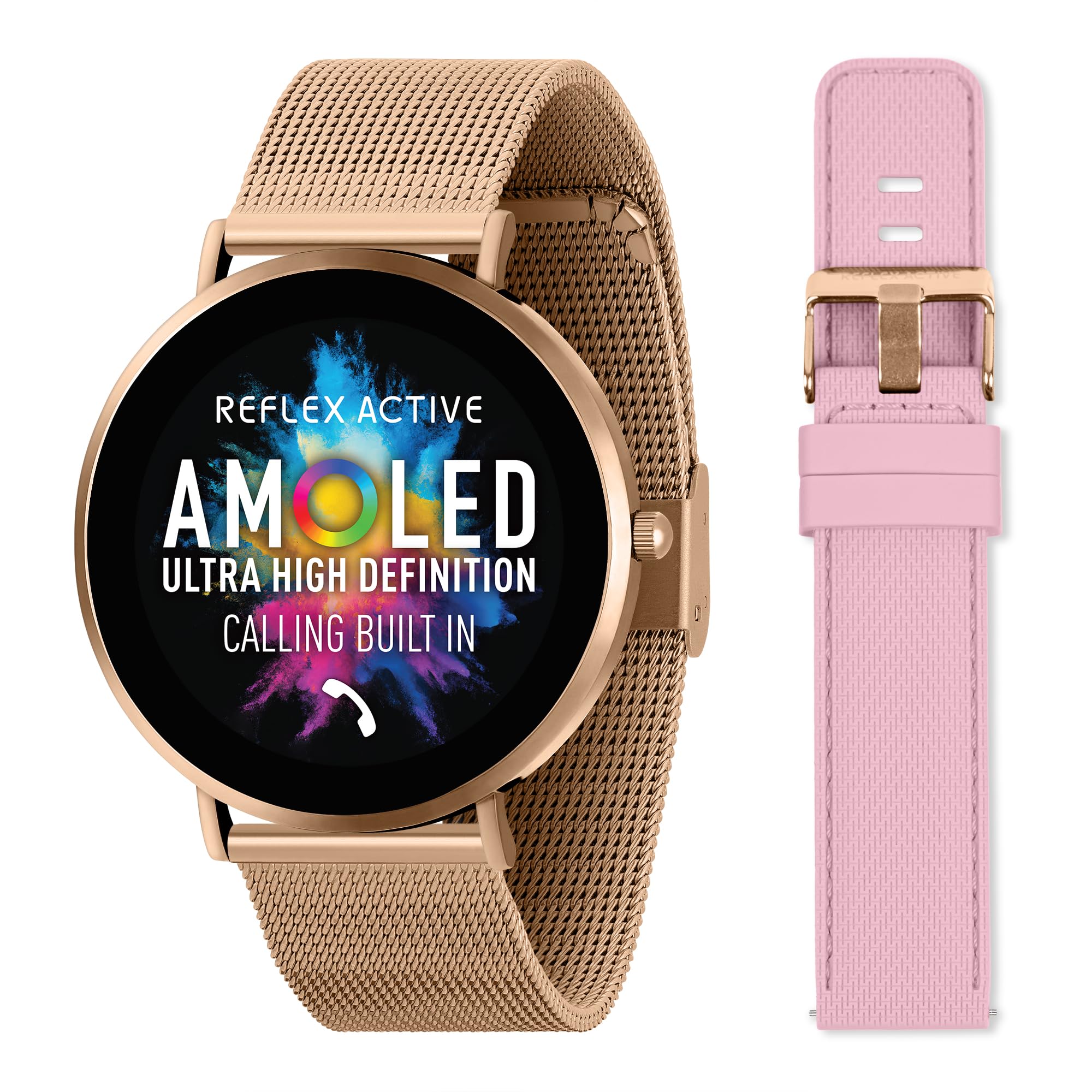 Reflex Active Series 42 Rose Gold Mesh and Pink Silicone Strap AMOLED Ultra Slim Smart Calling Watch Set