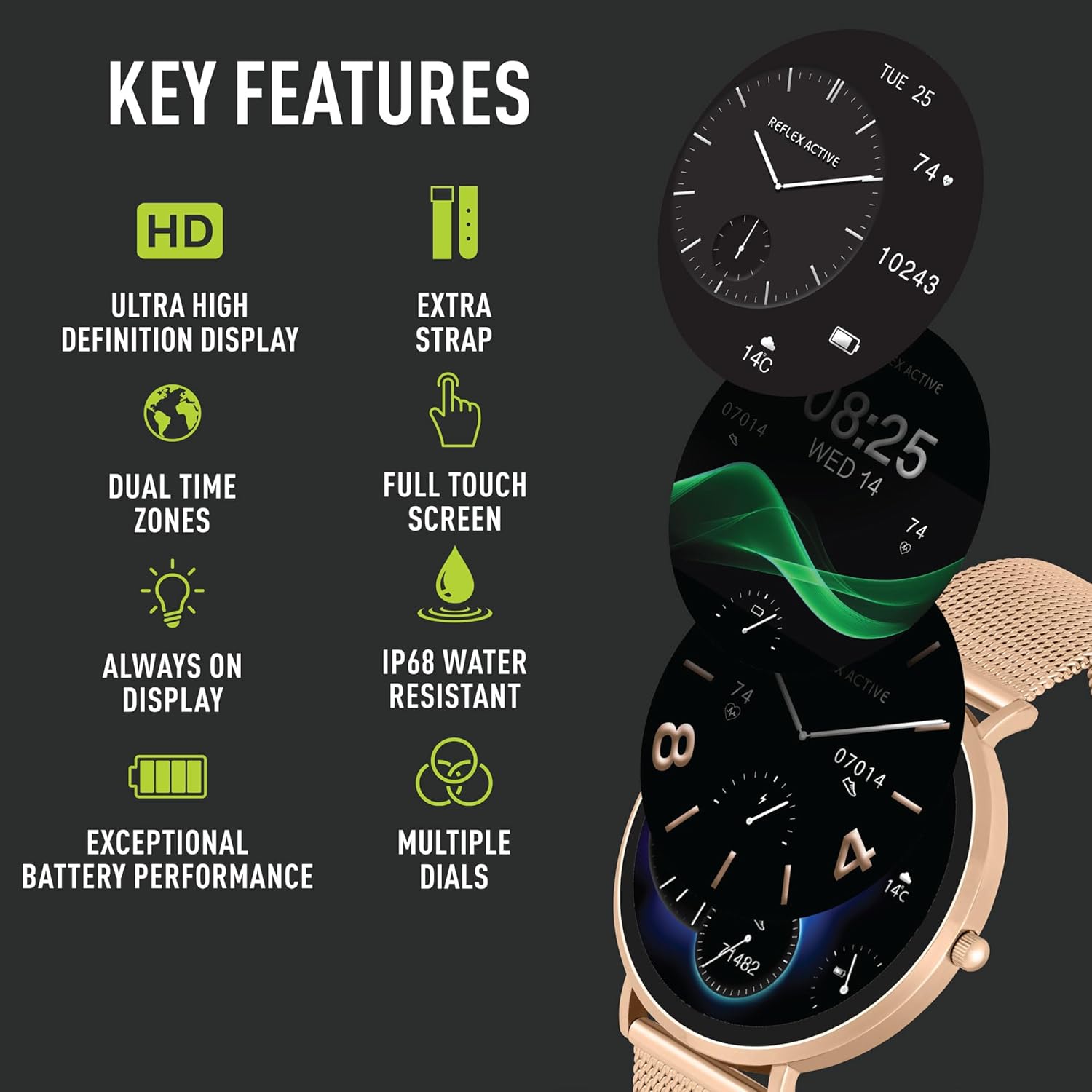 Reflex Active Series 42 Rose Gold Mesh and Pink Silicone Strap AMOLED Ultra Slim Smart Calling Watch Set
