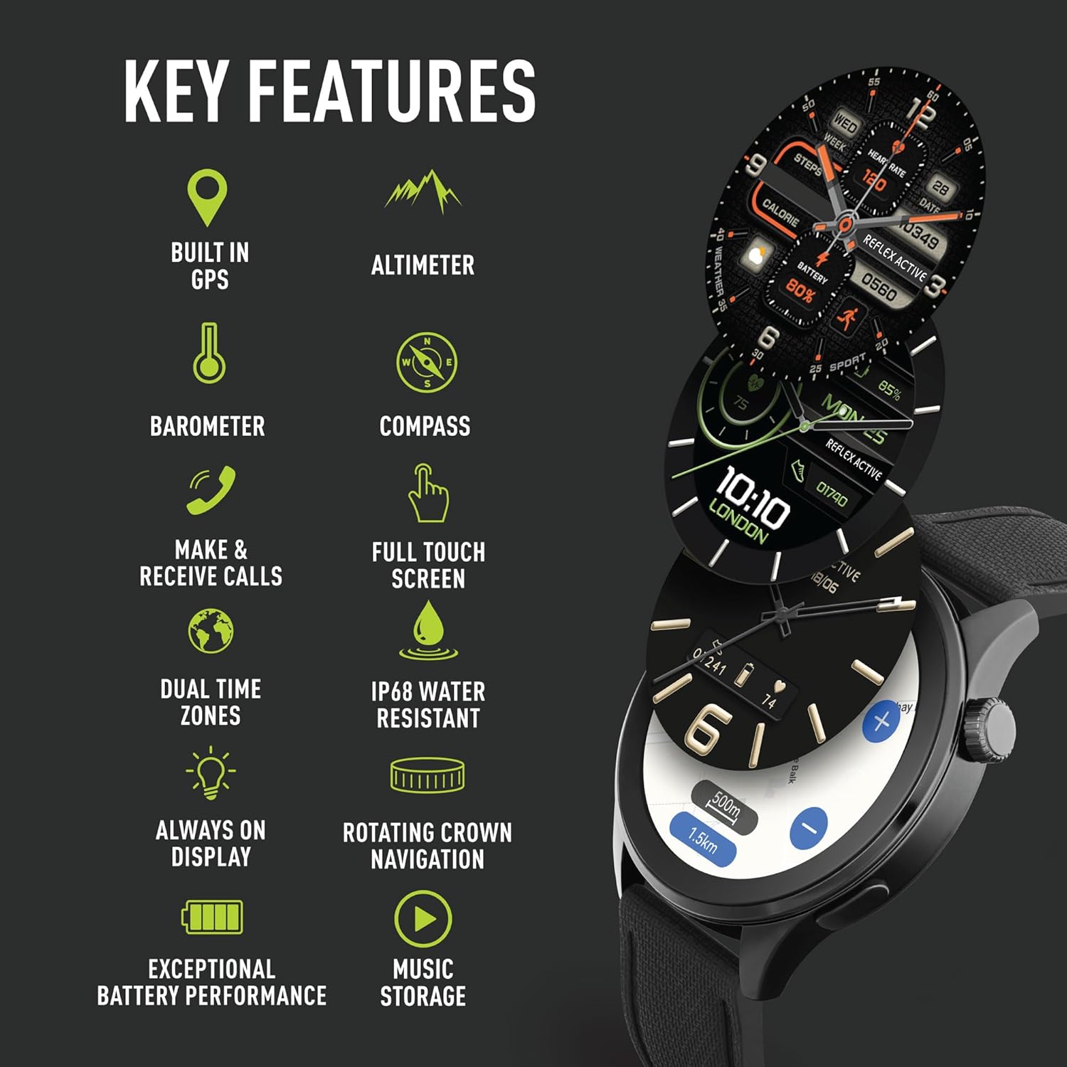 Reflex Active Series 45 Black Silicone AMOLED GPS Sports Smart Calling Watch