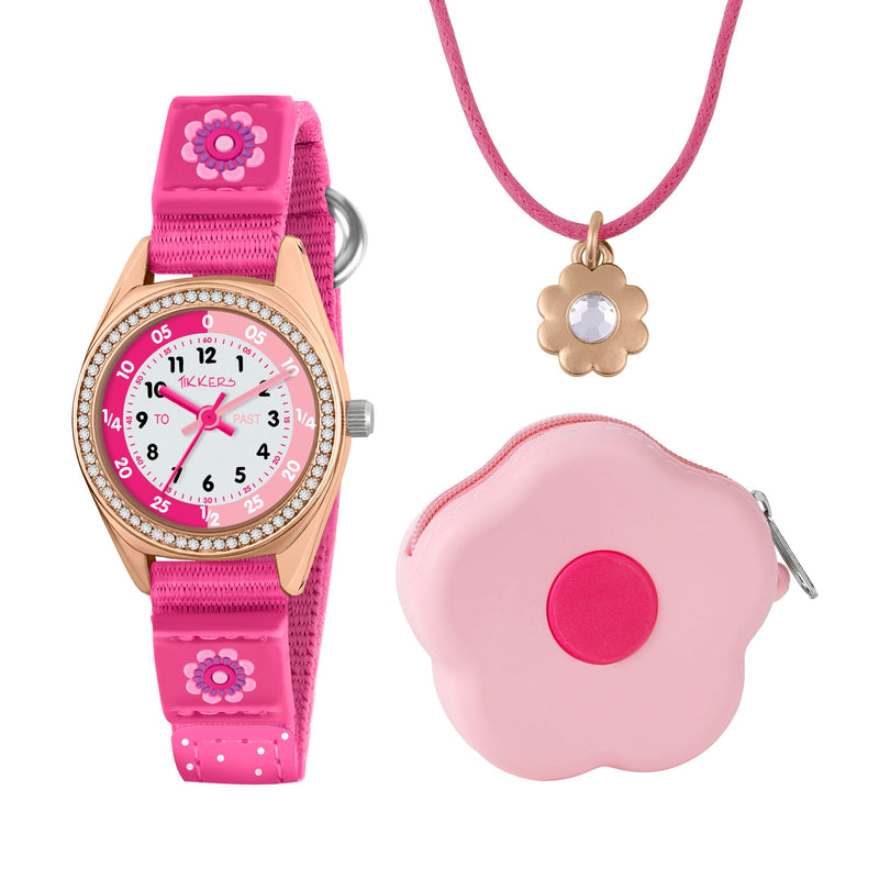 Tikkers Pink Flower Watch, Necklace and Purse Gift Set